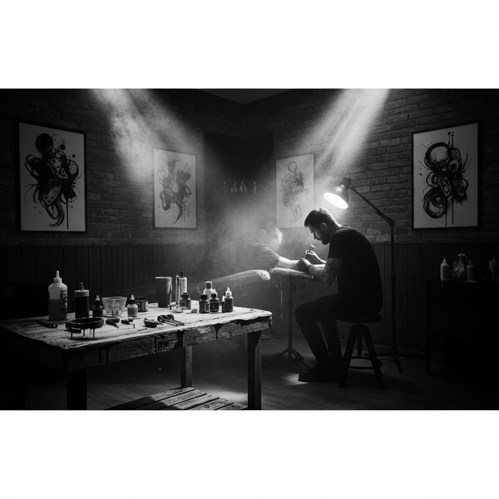 dark moody artistic tattoo studio atmosphere, smoke, ink, dramatic lighting, black and white photography, high contrast, minimalist