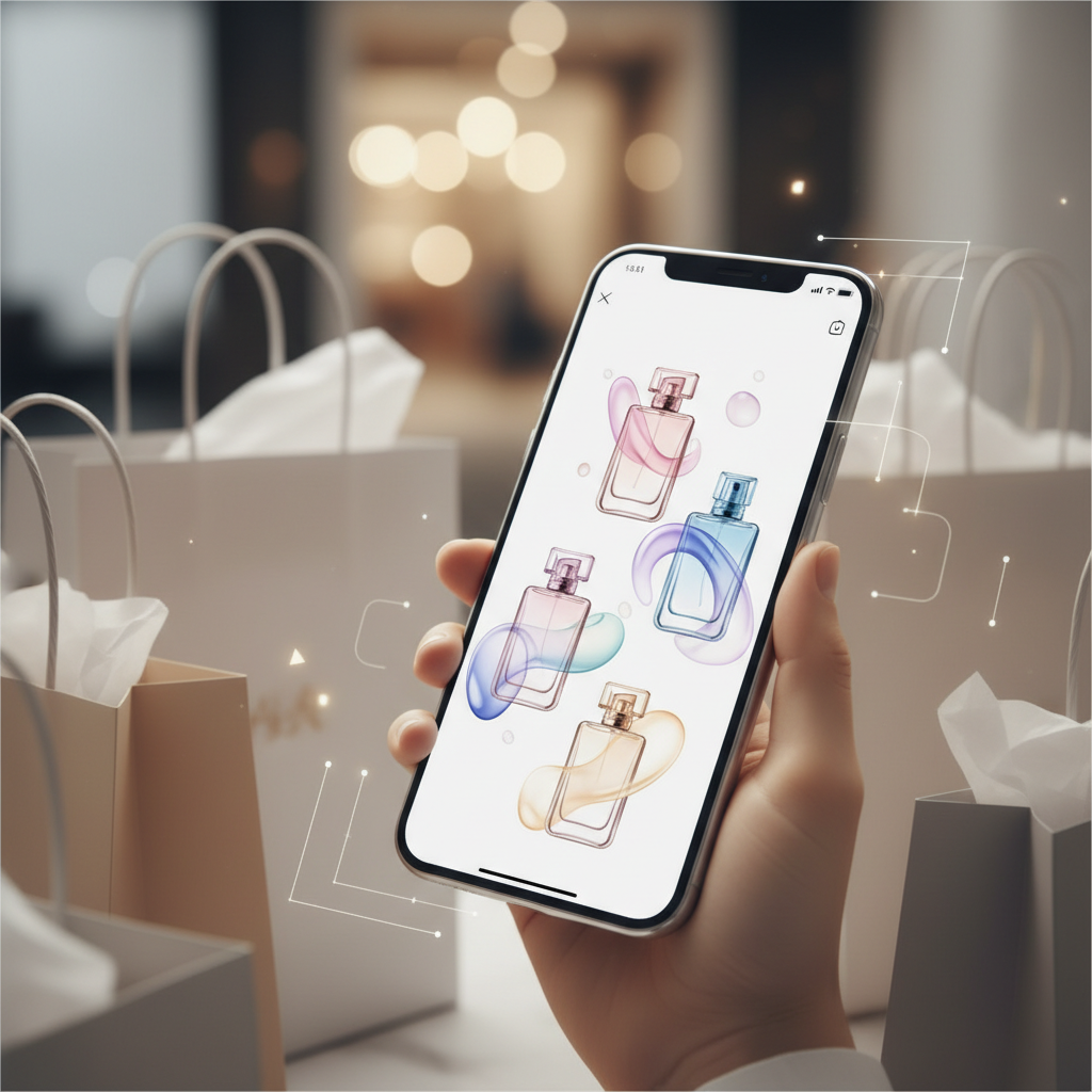 Smartphone showing a sleek perfume online store app, surrounded by blurred shopping bags, digital shopping concept