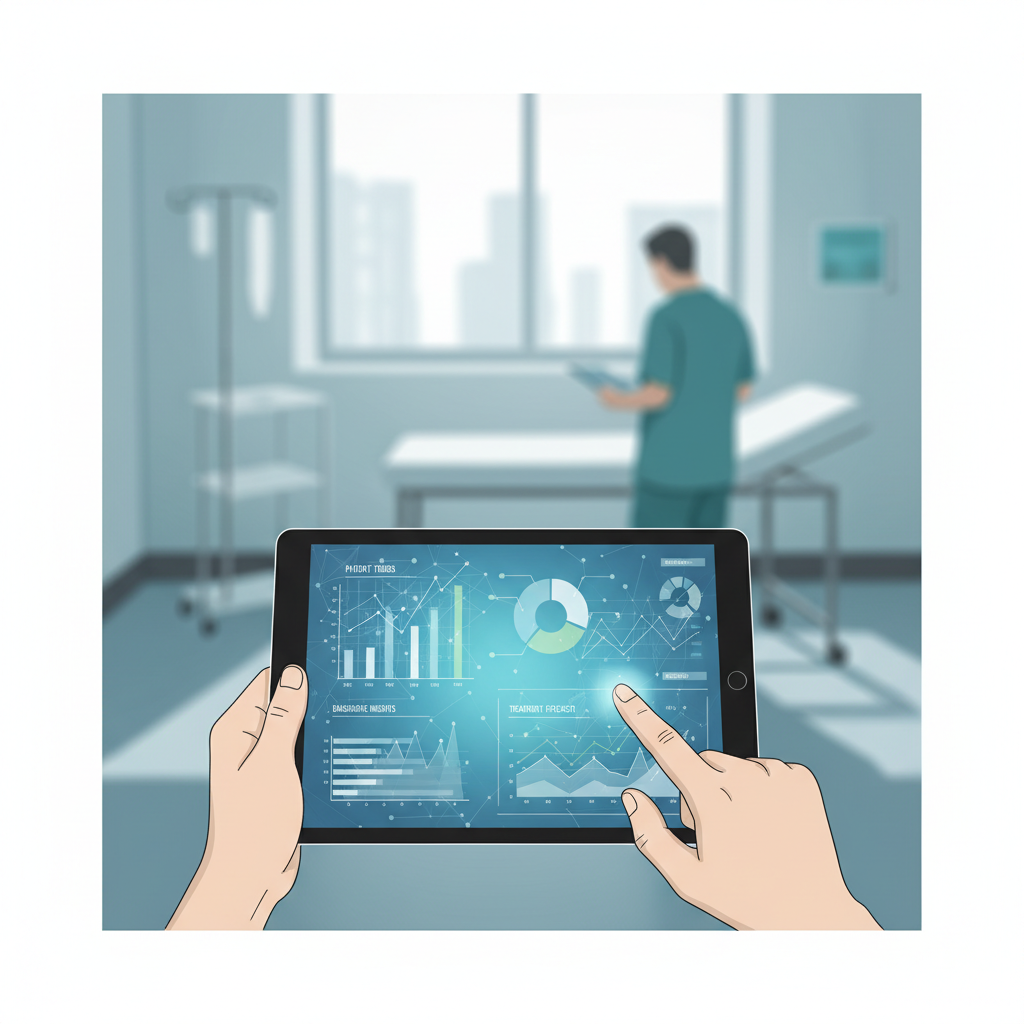 Illustration of medical data analysis, charts on a tablet screen, clean clinical setting