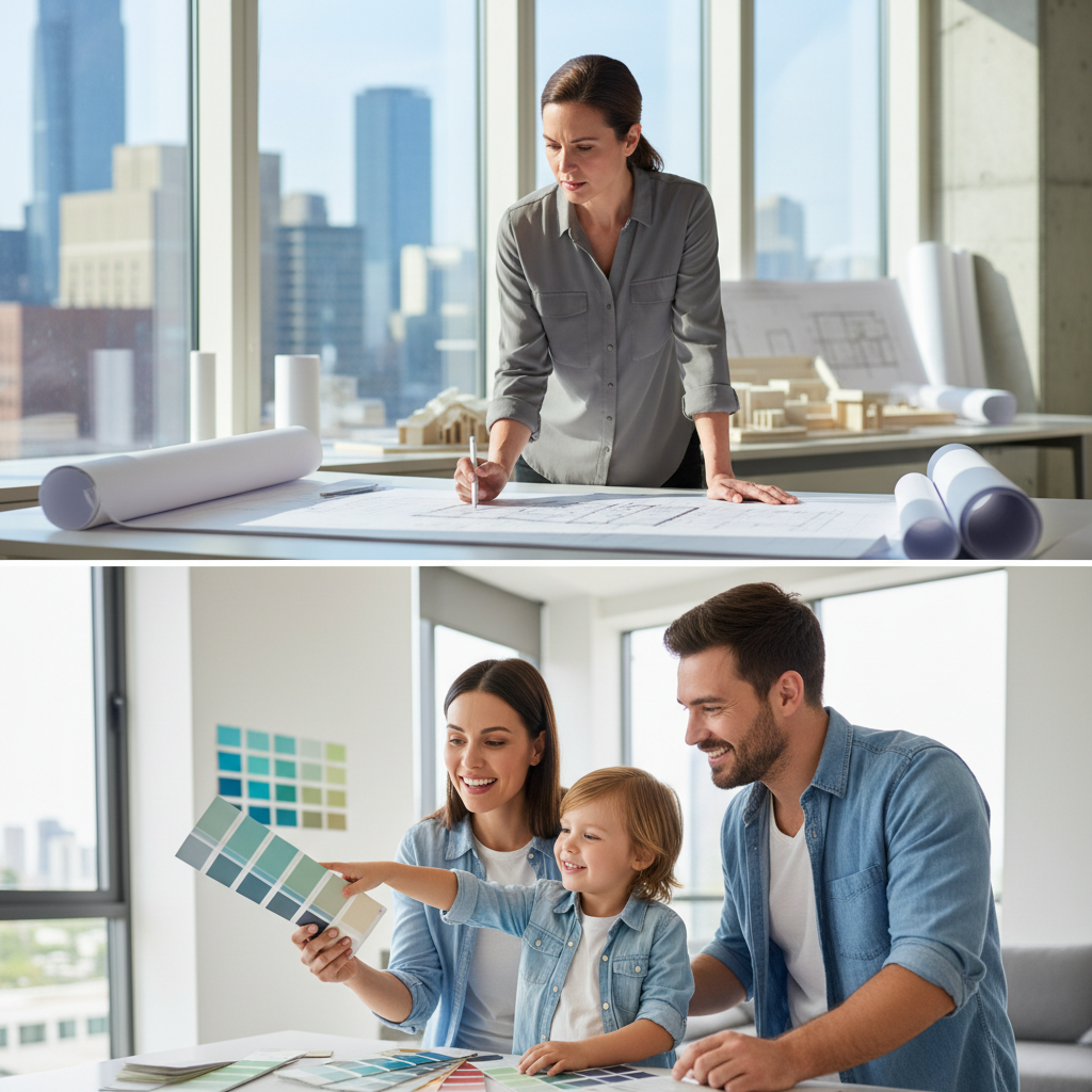 Montage of architect reviewing blueprints and a family choosing paint colors, photorealistic style