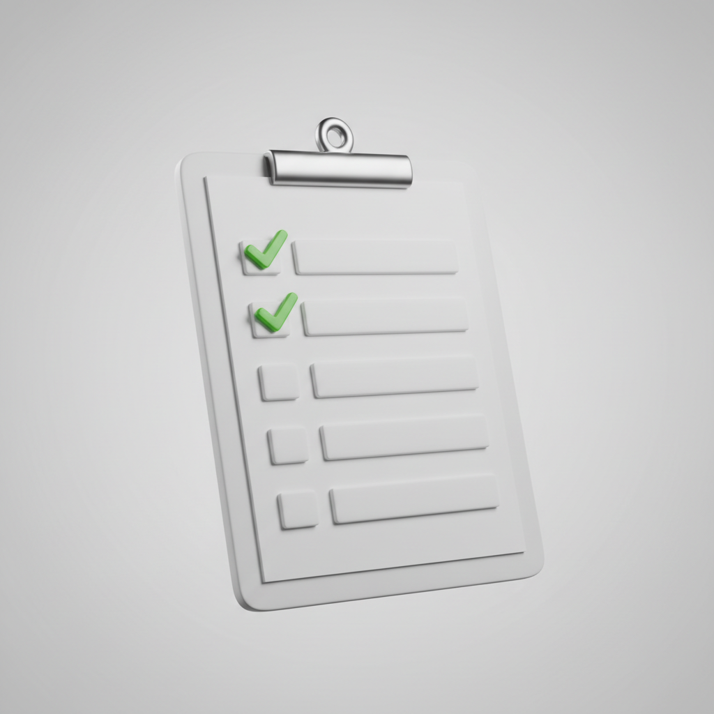A checklist on a clipboard with checkmarks, simple clean 3d style