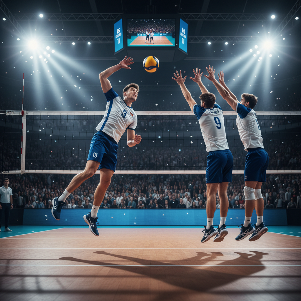 Professional volleyball game action shot, bright stadium lights, dynamic spike over the net, high detail, photorealistic