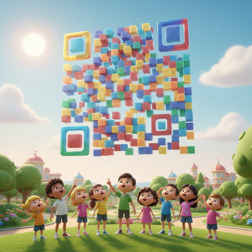 A gigantic colorful QR code in a park, amazed children looking up at it, nice sunny day, 3d cartoon render