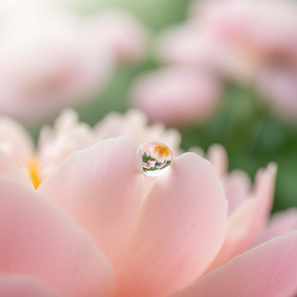 Macro close-up of a peachy-pink peony flower petal with a water droplet, high key, bright, soft focus, elegant nature background