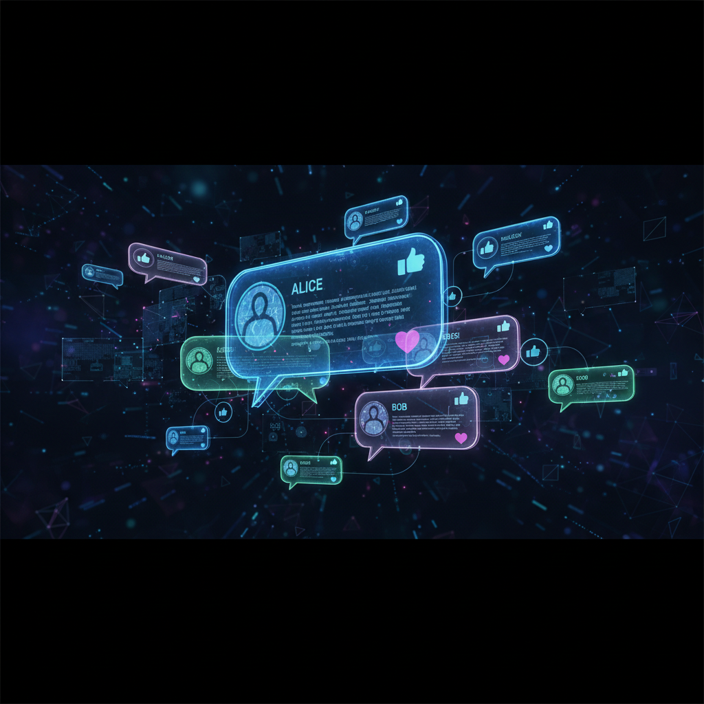 holographic smartphone chat bubbles floating in air, futuristic social media interface concept, dark background