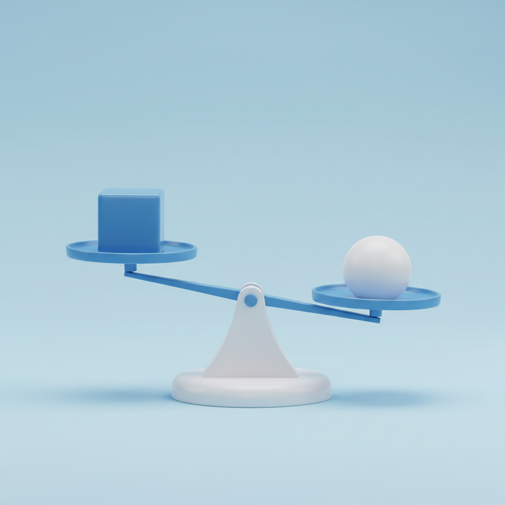 A minimalist 3D illustration of a balance scale with two distinct geometric objects on either side, representing economic trade-offs, soft studio lighting, blue and white color scheme