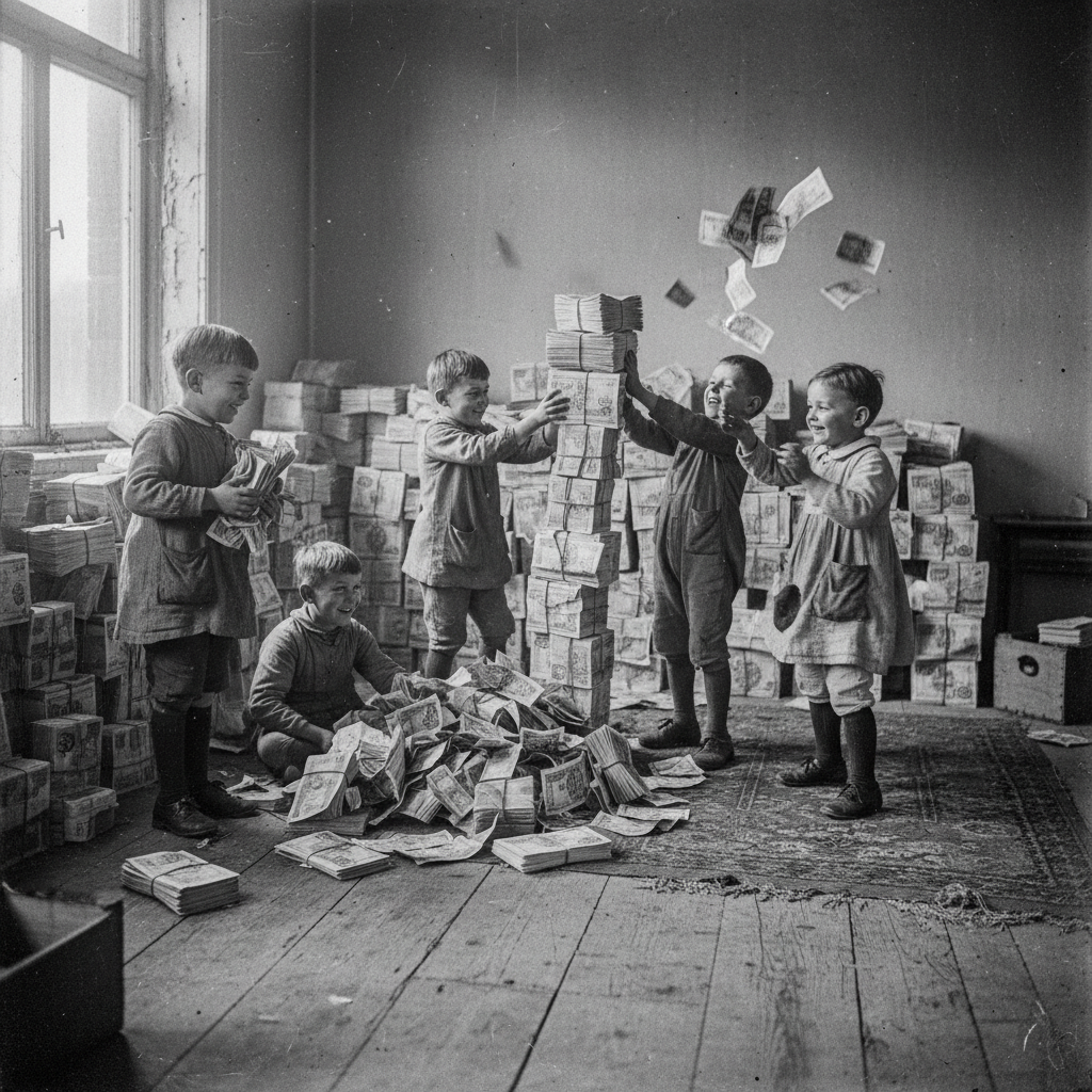 Black and white photo of children playing with stacks of German Mark banknotes as if they were blocks, historical 1923 reconstruction