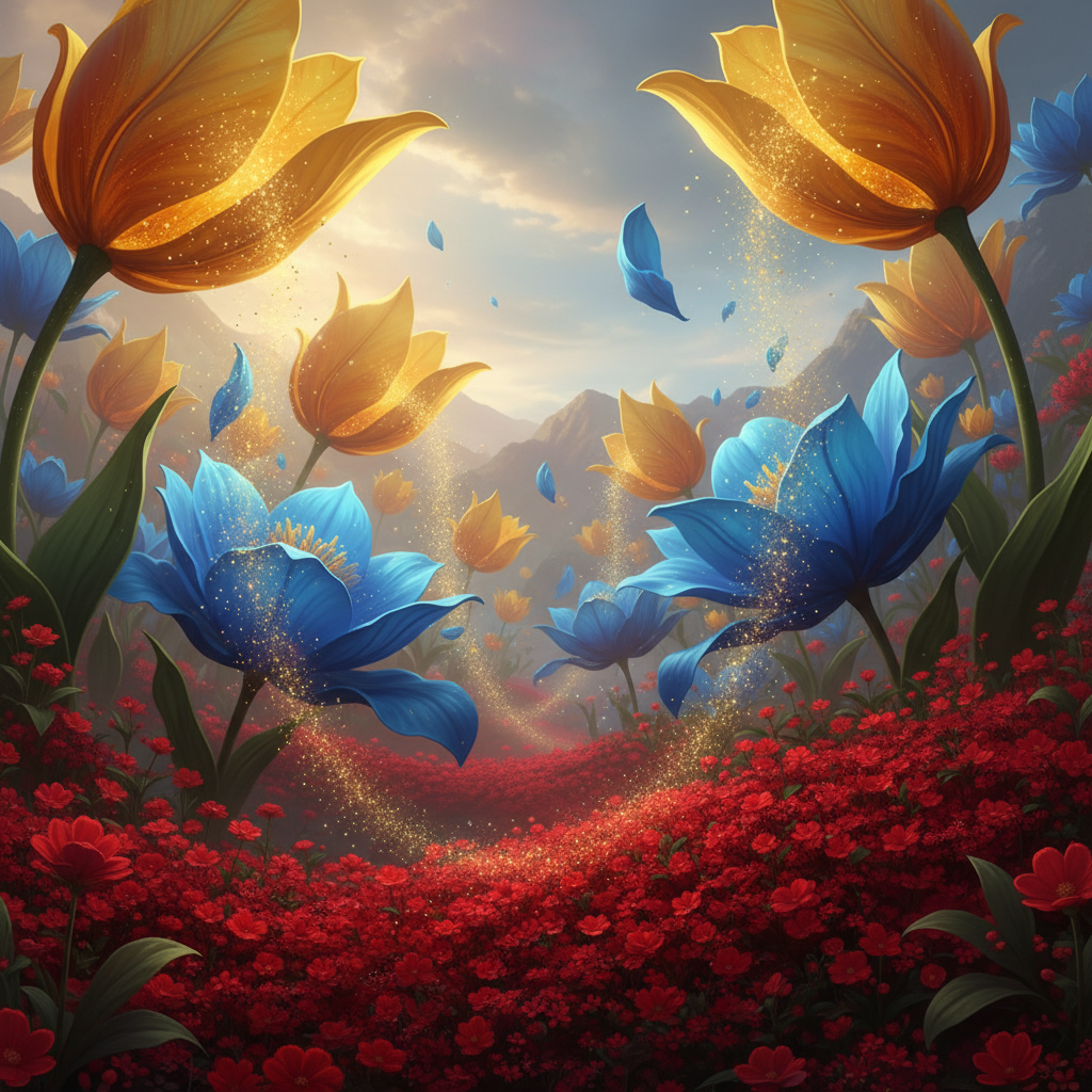 Fantasy landscape with giant yellow tulips emitting gold dust, red moss carpet of tiny flowers, and immense blue flowers with floating petals, magical atmosphere, vibrant colors
