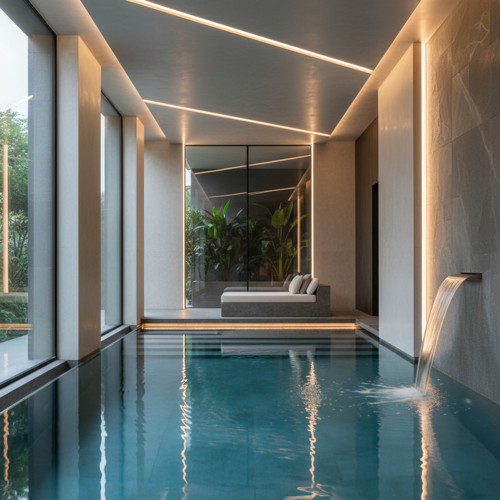 Luxury indoor swimming pool with clean modern design, clear blue water, architectural photography, wellness atmosphere, no people