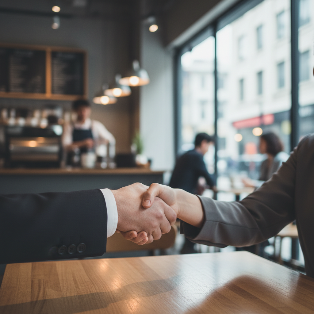 Business handshake close-up with a coffee shop background, muted tones, professional look