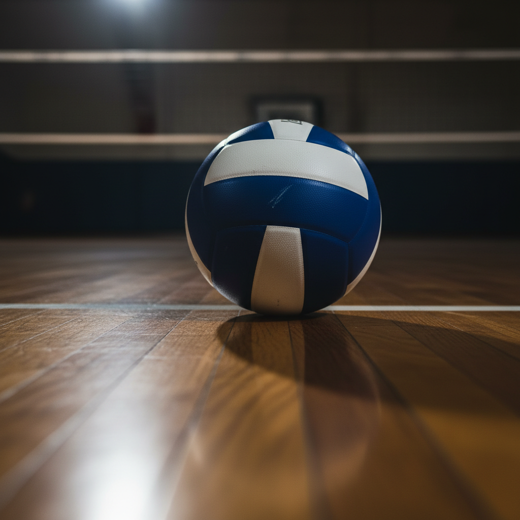 Cinematic shot of a volleyball resting on a wooden court floor, dramatic lighting, low angle, focus on texture