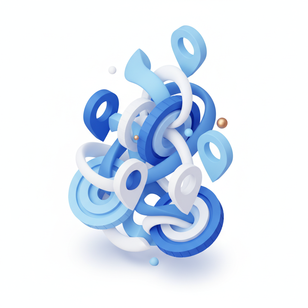 Abstract 3D illustration of coins and location pins merging, clean white and blue isometric style, business growth concept, minimal