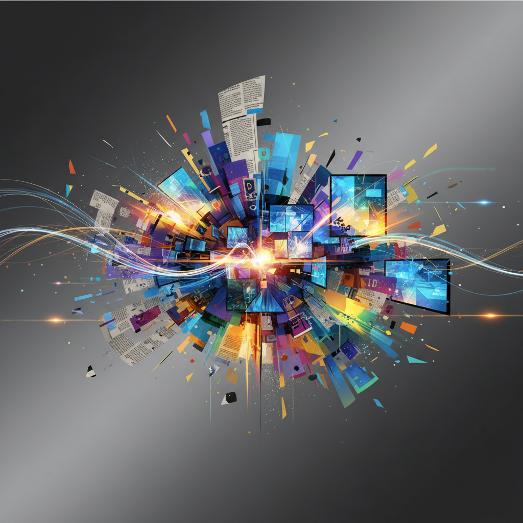 abstract artistic representation of media convergence, blending newspapers, radio waves, and digital screens into a cohesive colorful modern art style, sleek professional background, 8k resolution