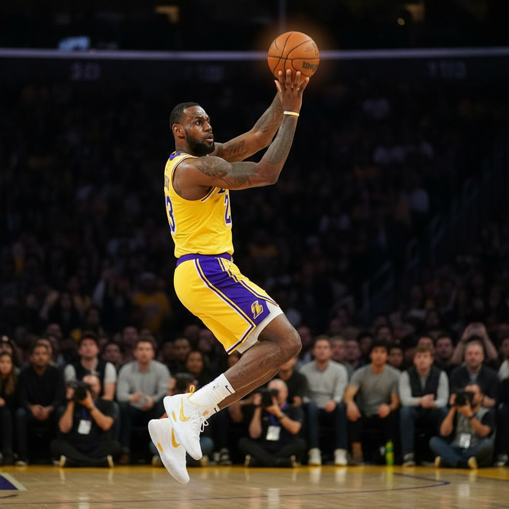 LeBron James shooting a fadeaway jumper, intense focus, crowd blurred in background