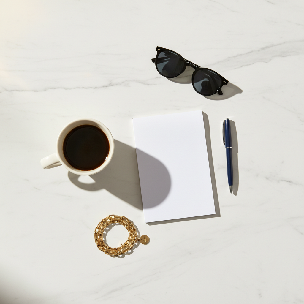 Flat lay of daily essentials on a white marble table: coffee cup, notepad, sunglasses, and a beautiful gold bracelet. Morning light.