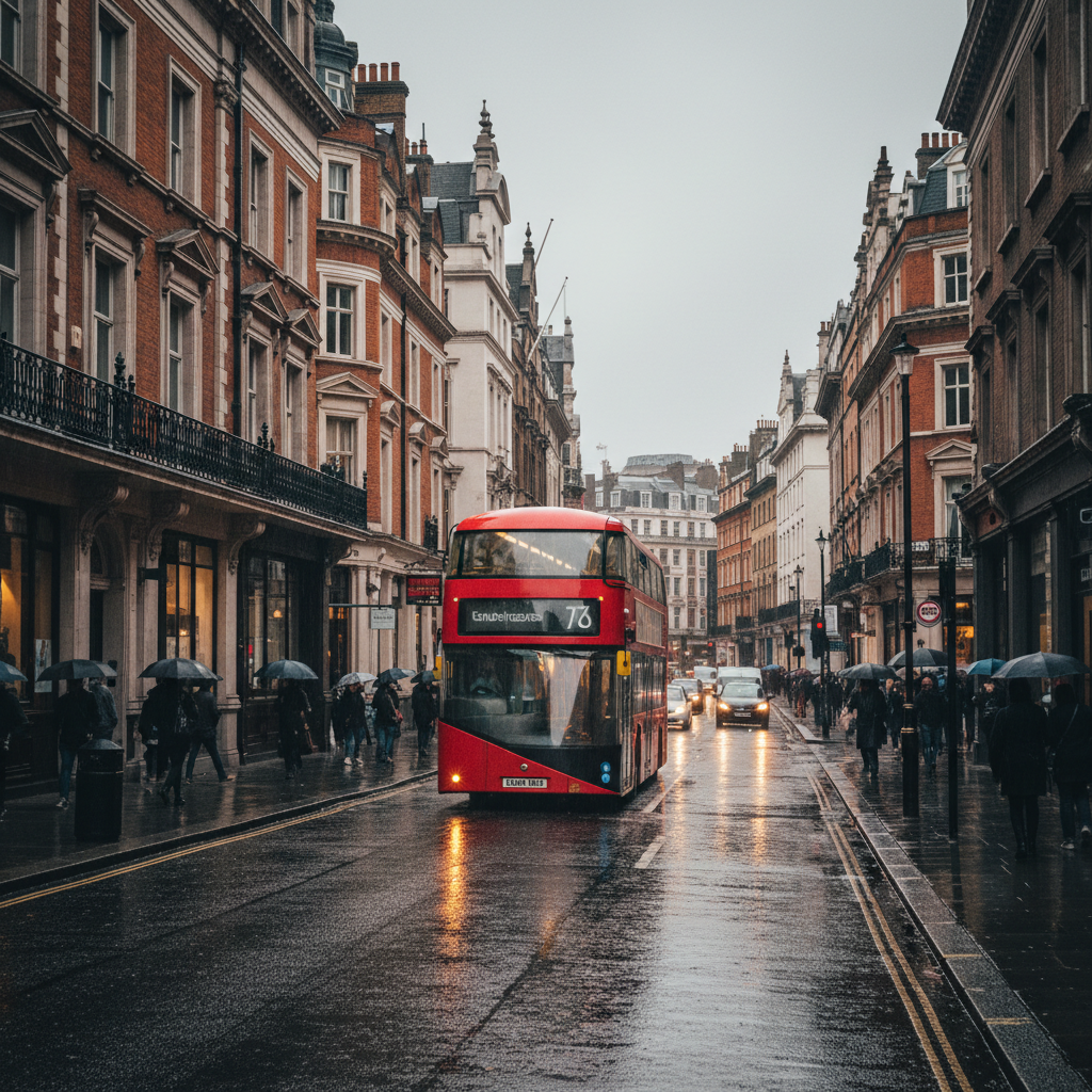 London street scene with a red double-decker bus and rainy atmosphere, classic architecture, photorealistic
