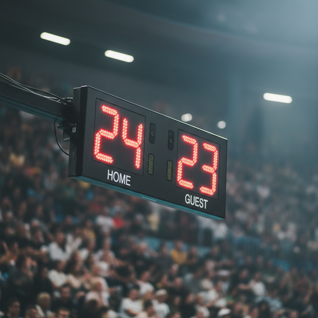 Volleyball scoreboard displaying score 24-23, intense game moment, focus on score, blurred background stadium
