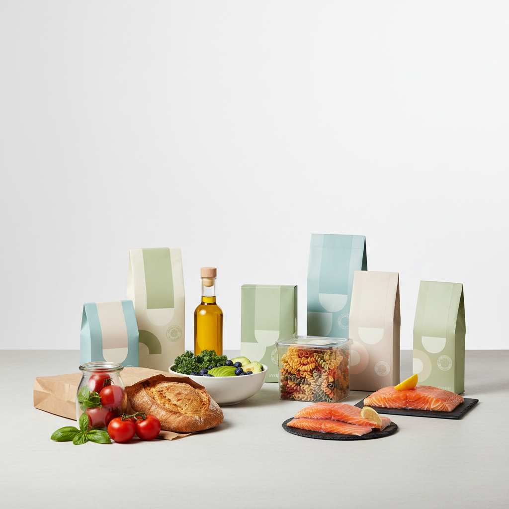 Assortment of high quality supermarket food products with clean minimal packaging labels, fresh ingredients, studio lighting, advertising style