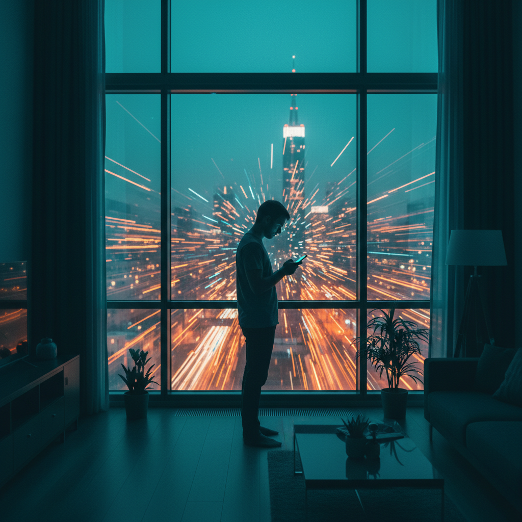A solitary figure in a modern apartment looking at a smartphone, city lights blurred in the background, moody atmosphere, cinematic teal and orange lighting, representing isolation in a crowd
