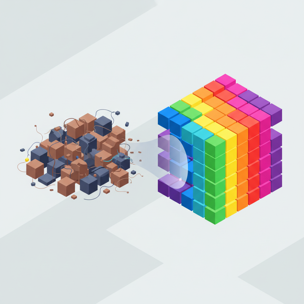 Conceptual illustration of data cleaning, messy unorganized blocks turning into neat organized colorful cubes, minimal vector style, isometric