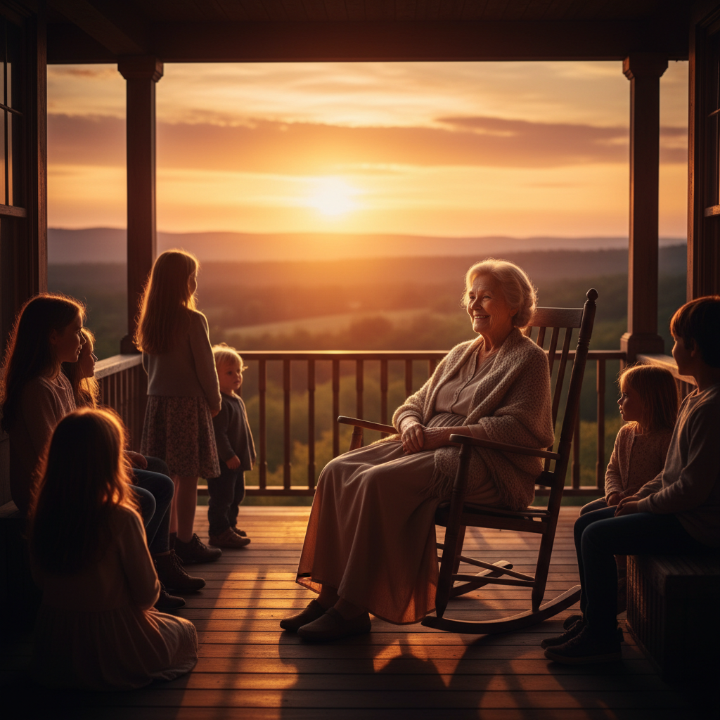 An older woman sitting on a porch at sunset looking content, surrounded by family silhouettes, warm orange lighting