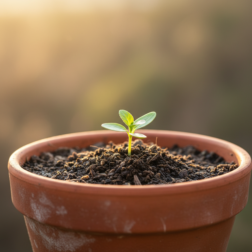 A small green plant sprouting from soil in a pot, symbolizing growth and potential, warm sunlight, shallow depth of field