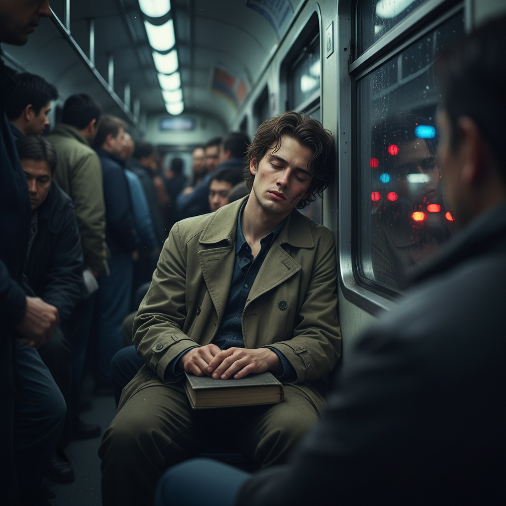 Cinematic shot of a tired commuter on a crowded train holding a closed book, looking exhausted, blurred city lights in background, high quality photography