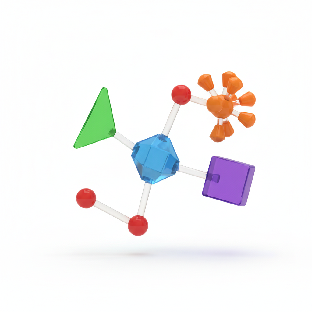 3D molecule model showing different geometric shapes, tetrahedral, linear, scientific clean white background