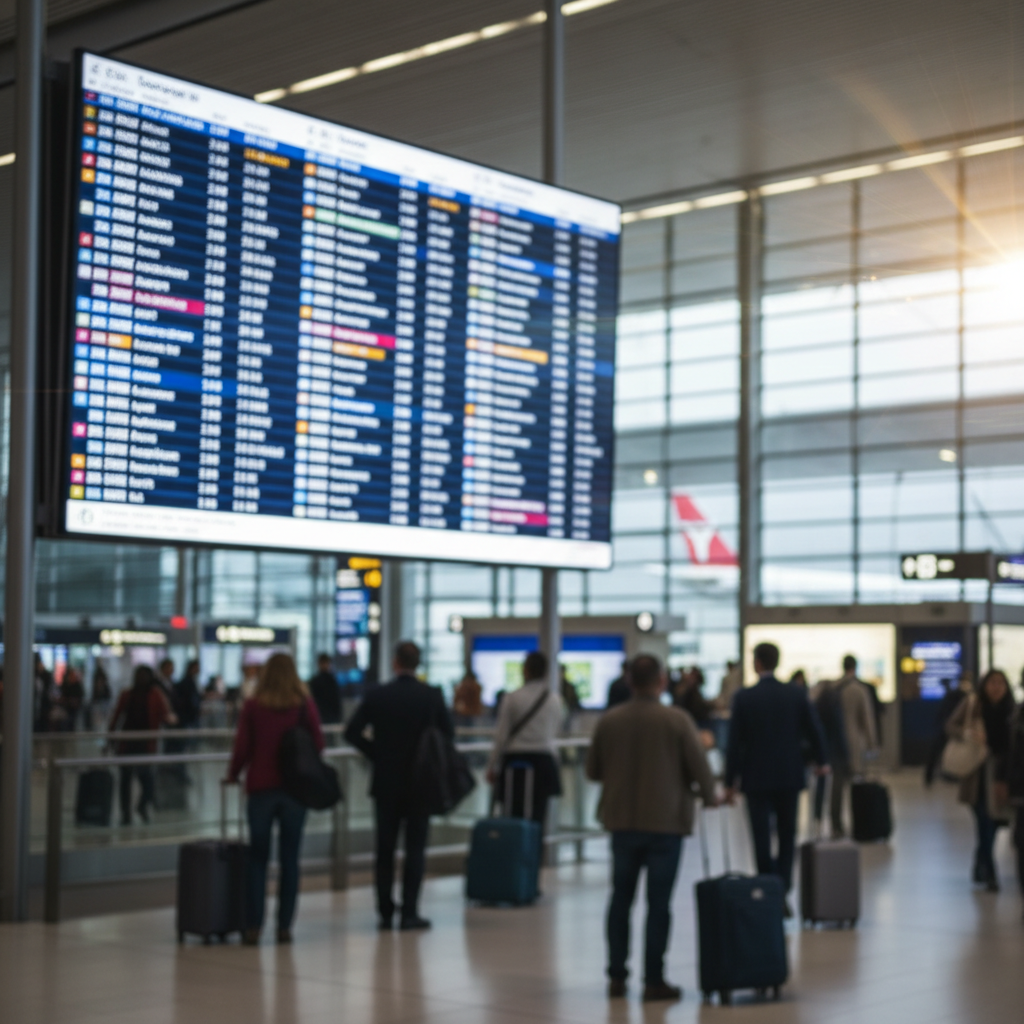 A busy modern airport departure board showing international destinations, clear text not required, photorealistic, depth of field