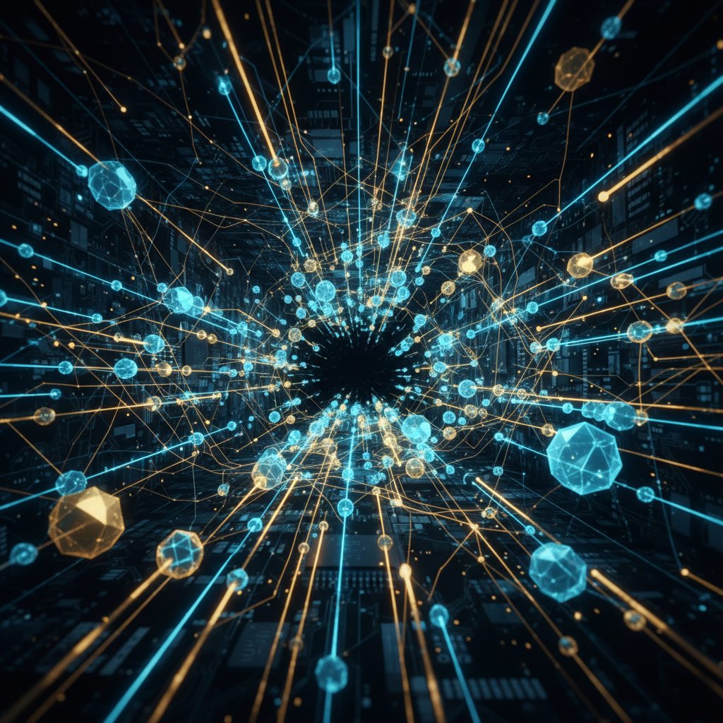 Abstract futuristic digital network, connected nodes, glowing blue and gold lines, dark tech background, 8k resolution, high quality