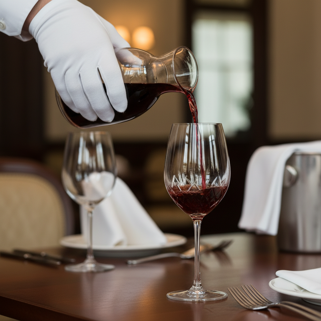 Close up of a waiters hand in white glove pouring red wine into a crystal glass, professional service