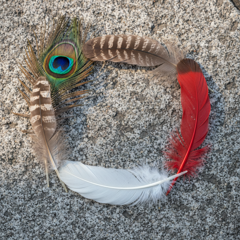 Five distinct feathers arranged in a circle on a rough stone surface, natural lighting, high detail, symbolizing unity