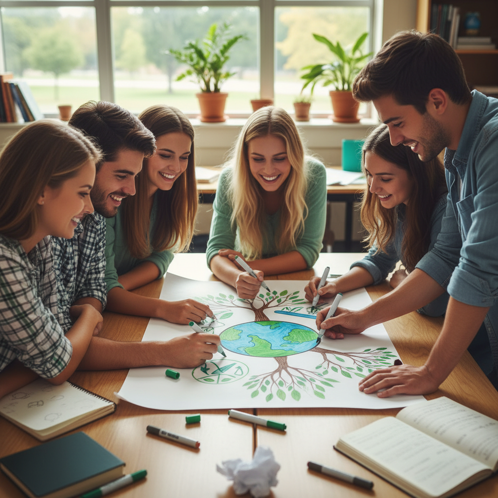 Students in a classroom working on a poster about environmental issues, green markers, drawings of earth and trees, collaborative atmosphere, high quality, realistic style