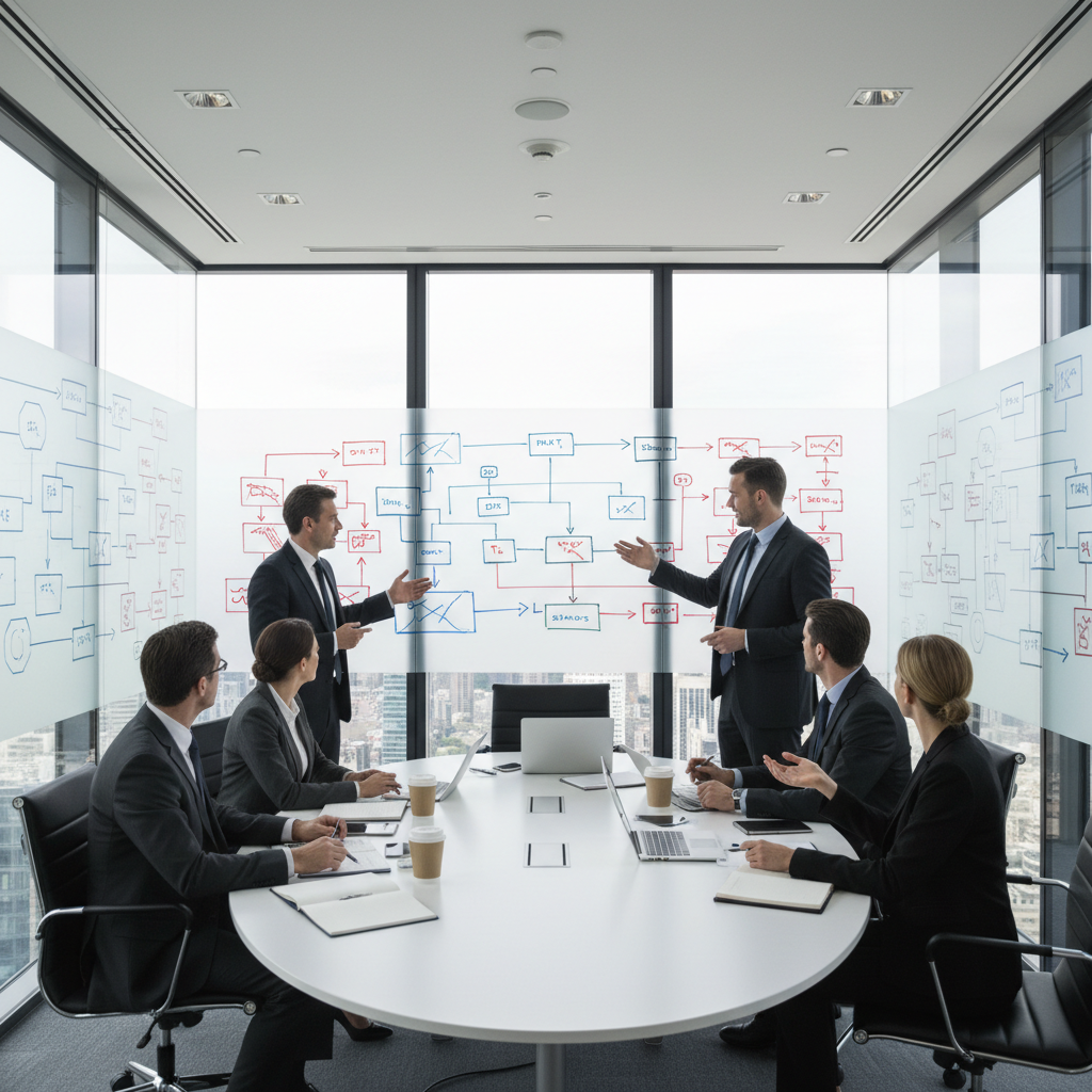 business strategy meeting in a glass conference room, whiteboards with flowcharts and strategy diagrams