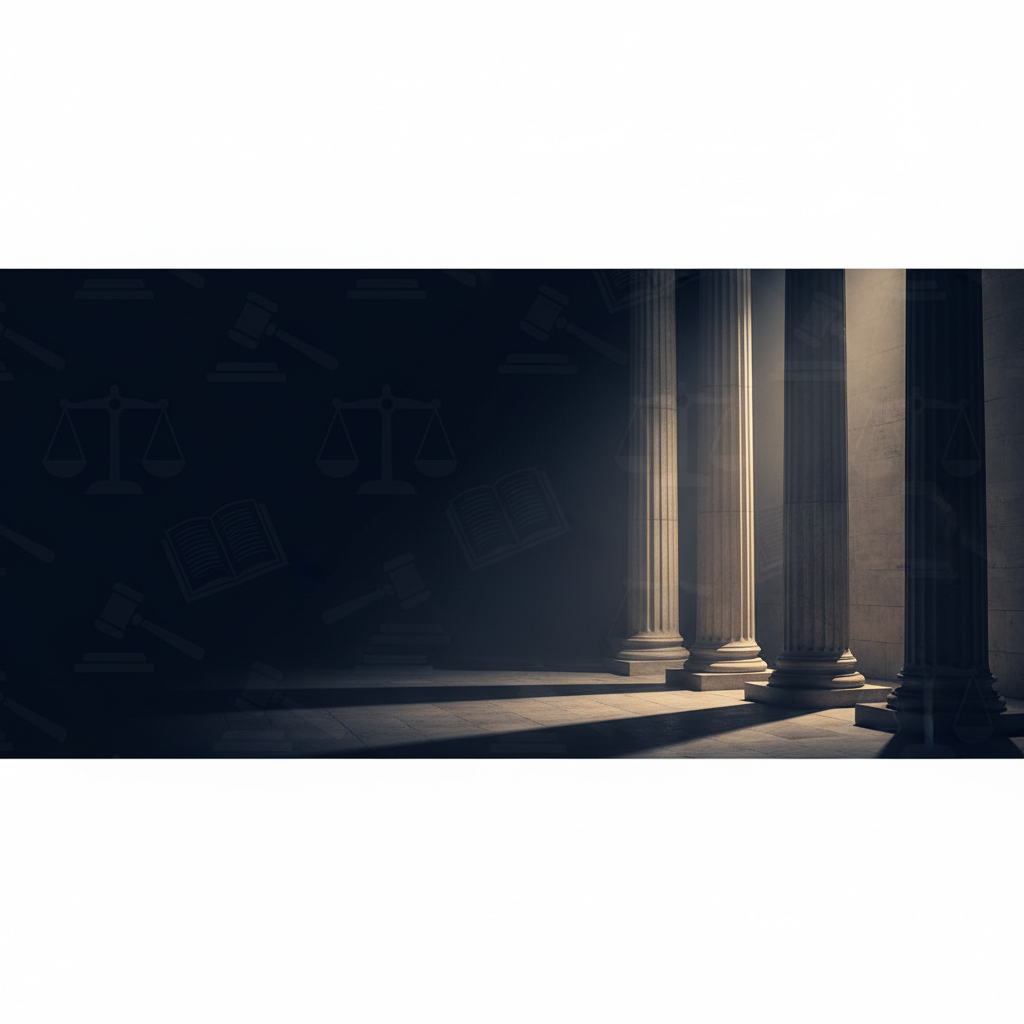 Dark blue academic background with subtle law symbols, courthouse pillars in shadow, cinematic lighting, professional, high definitions, 8k, no text