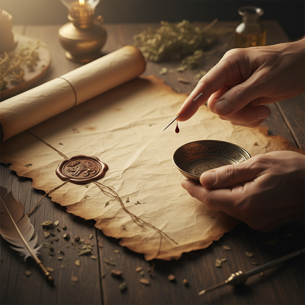 Old parchment document with italian seal, finger being pricked with needle, initiation rite