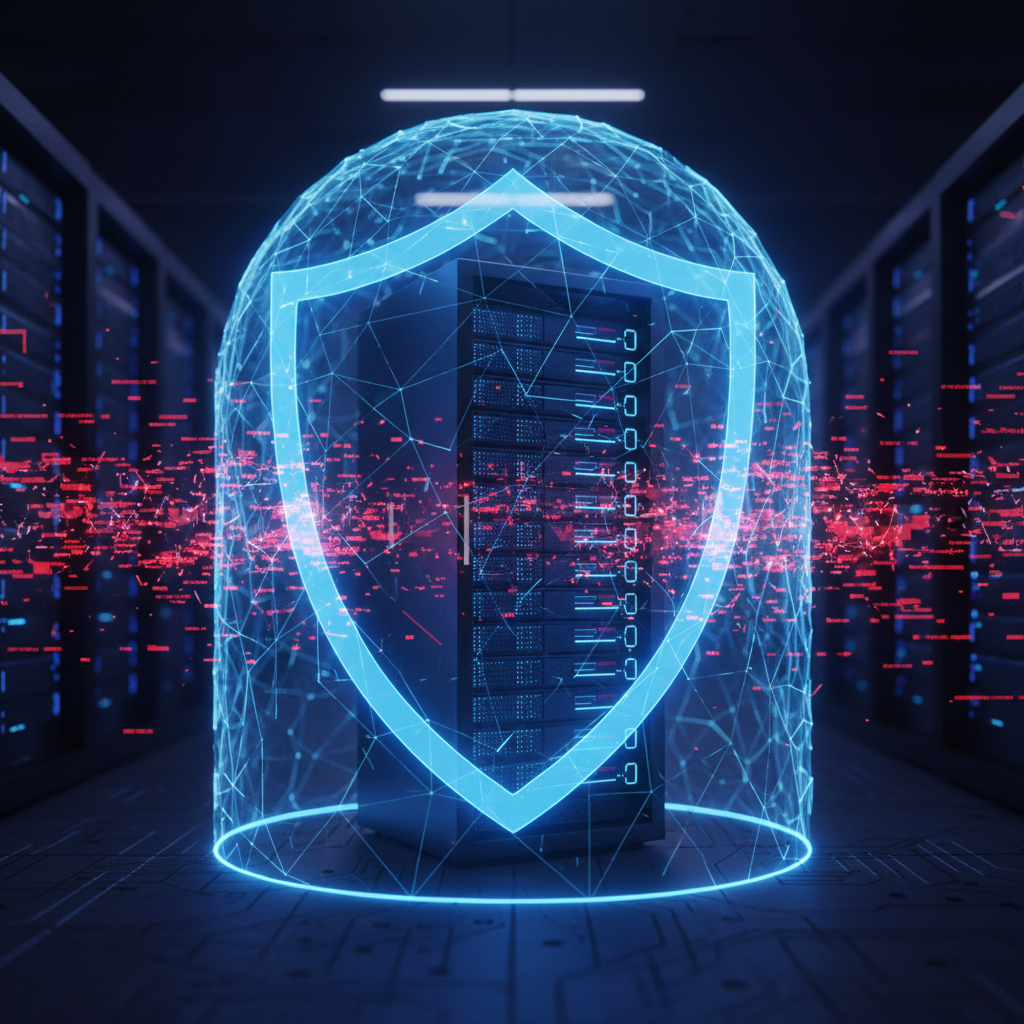 Cybersecurity concept, digital shield protecting database server rack from red glitchy code attacks, 3d render, dark tech style