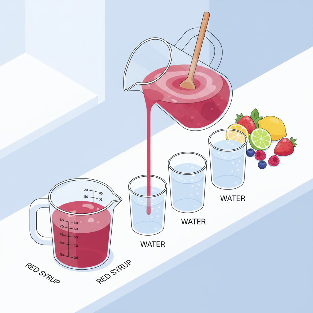 one cup of red syrup and four cups of water preparing juice illustration isometric