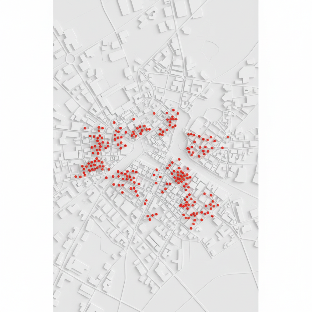 Abstract city map from above, pins indicating store locations, red markers on a white map, urban planning concept
