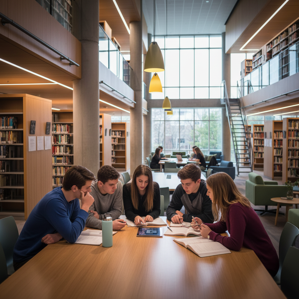 High school students discussing in a library, modern style, focused atmosphere