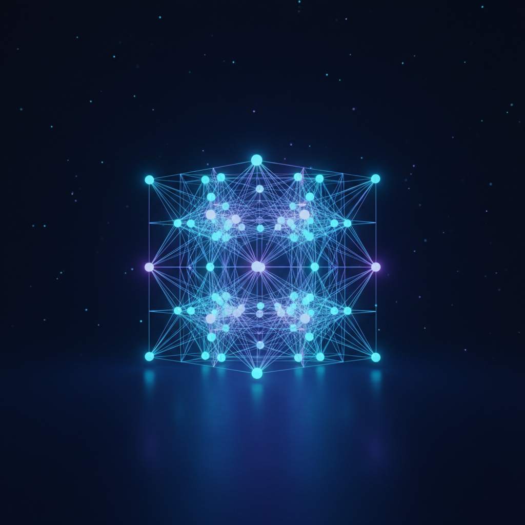Abstract minimalistic 3D rendering of glowing nodes connecting to form a structured cube, dark blue background, cinematic lighting, representing organization and structure.