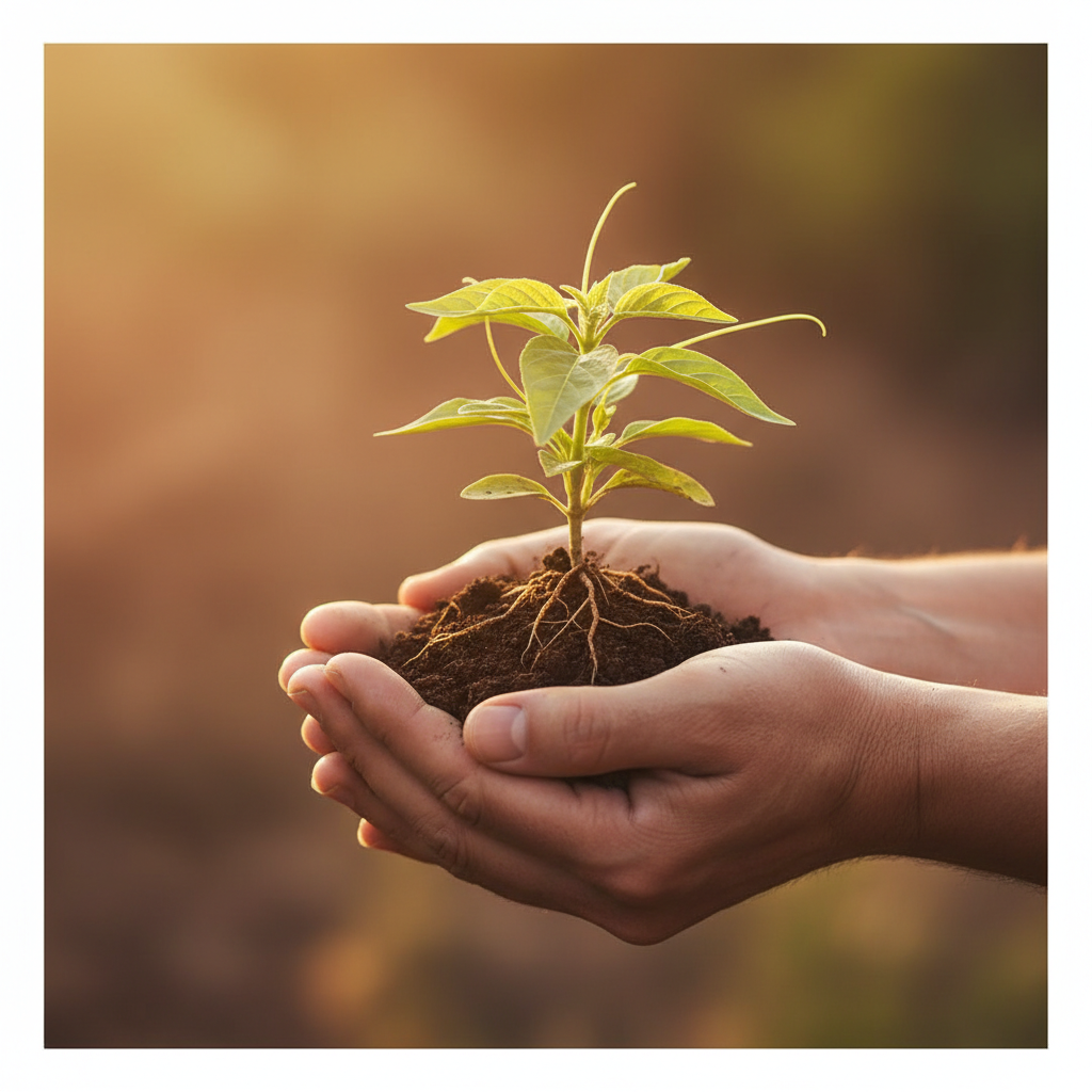 Symbolic image of two hands holding a growing plant, representing resilience and care, warm earthy tones