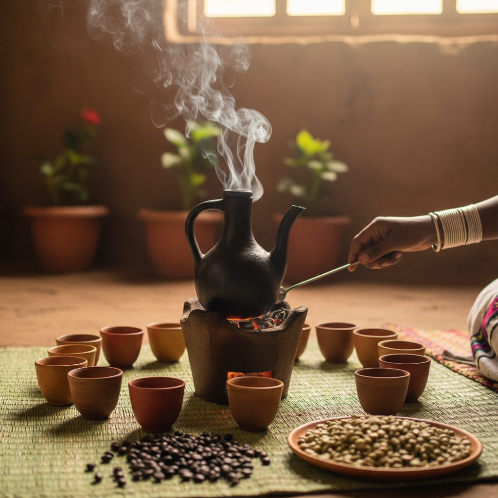 Traditional Ethiopian coffee ceremony, steam rising from a clay pot (jebena), small cups, roasted beans, warm organic lighting
