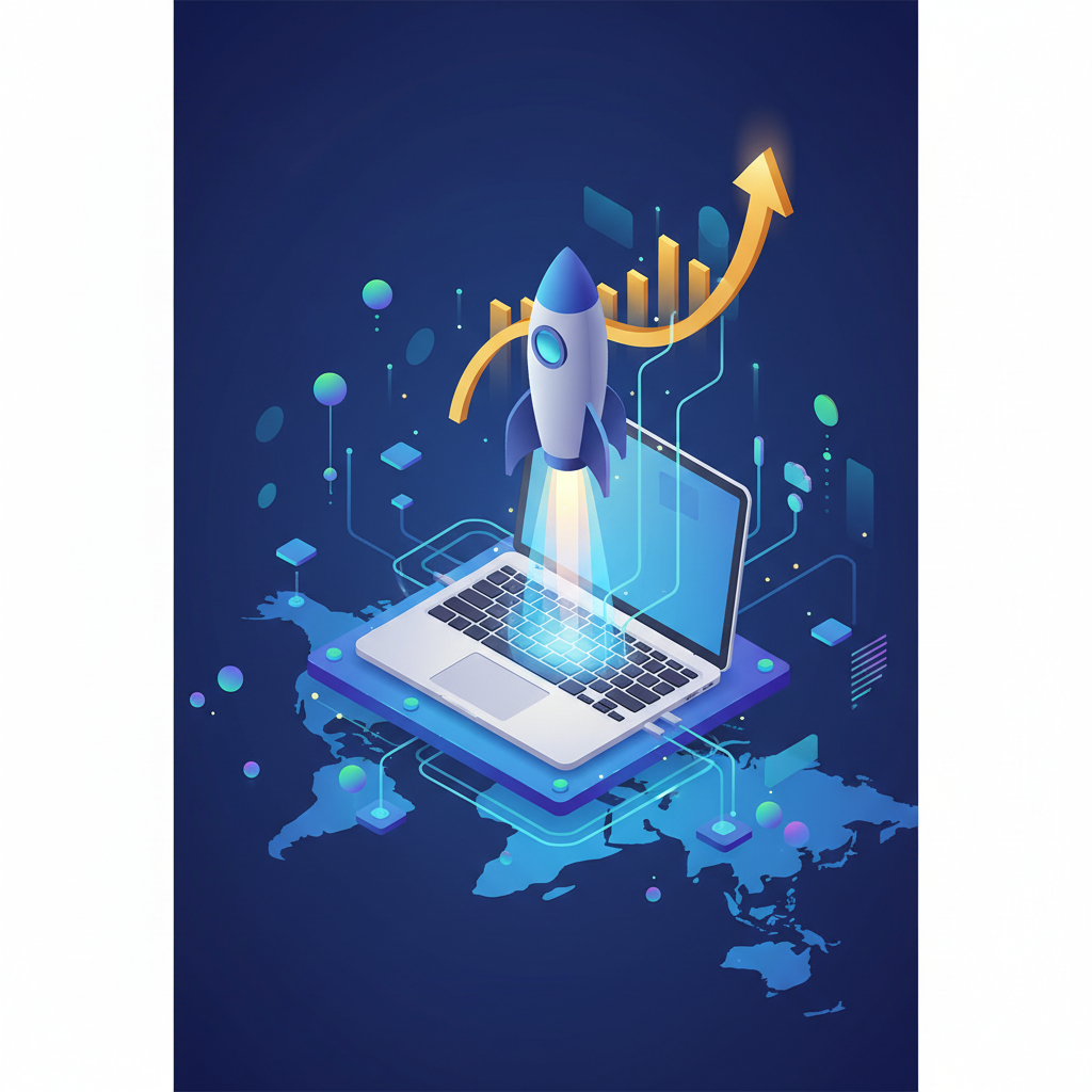 Isometric illustration of a rocket launching from a laptop screen, connected to a global network of nodes, business growth metaphor