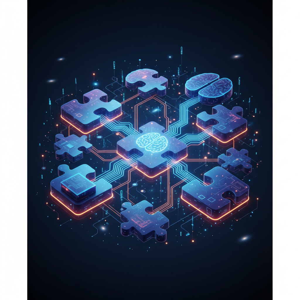 educational game concept, connecting puzzle pieces, digital connections, glowing lines connecting logic blocks, brain learning concept, 3d render