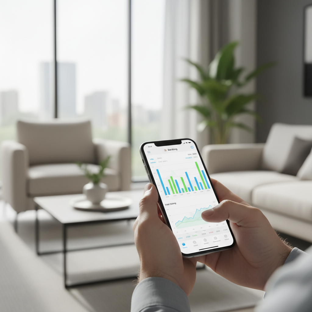 Photorealistic image of a person holding a smartphone showing a banking app screen, blurry modern living room background, natural daylight, high quality photo, 4k