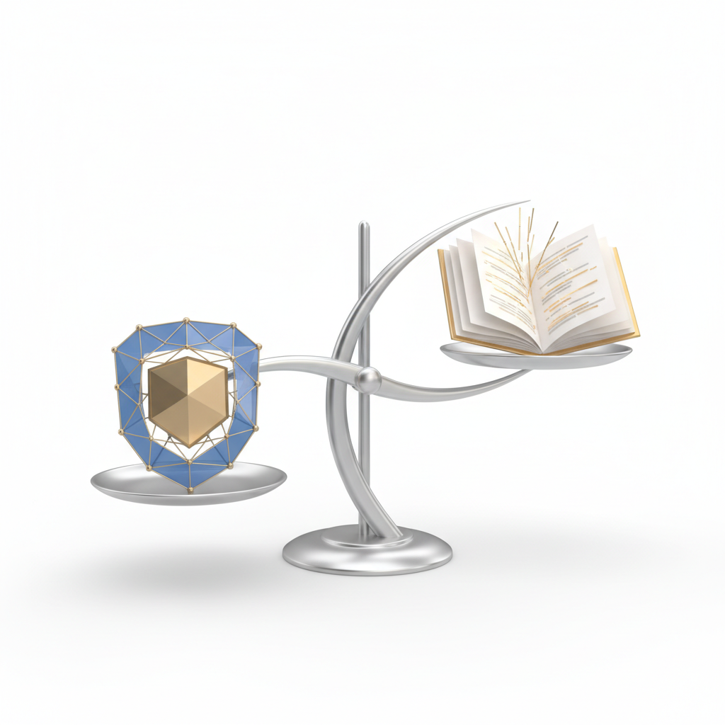 An abstract scale balancing a badge and a book, symbolizing different professional weights, white background, simple 3d render