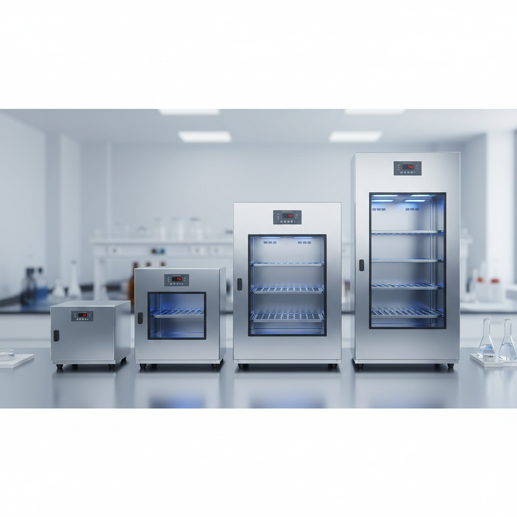 Three laboratory incubator cabinets of different sizes lined up metal finish
