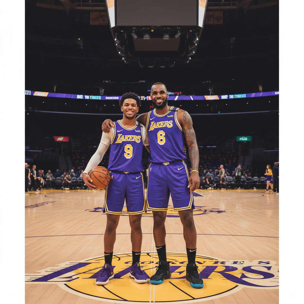LeBron James and Bronny James on basketball court together, Lakers jerseys