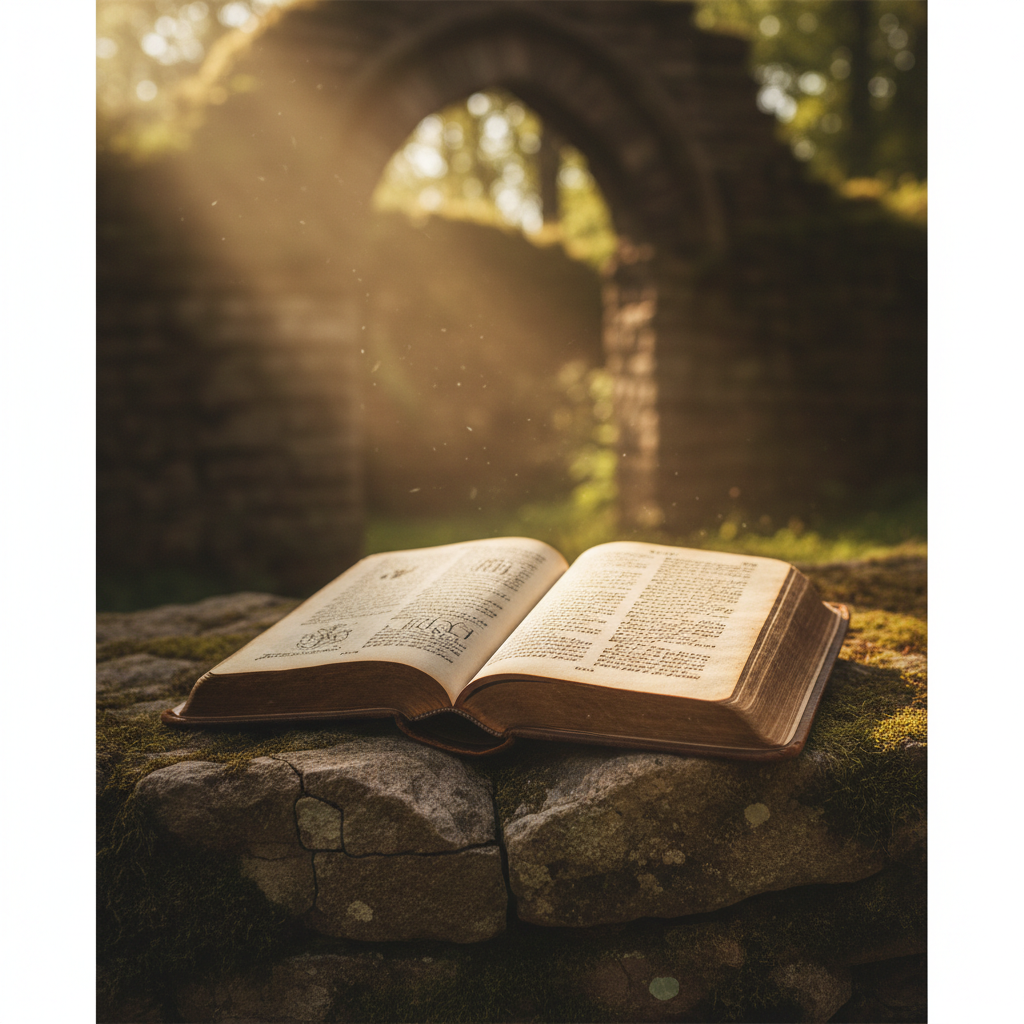 An ancient open bible resting on a stone foundation with soft golden light ray illuminating the text, realistic style, 4k
